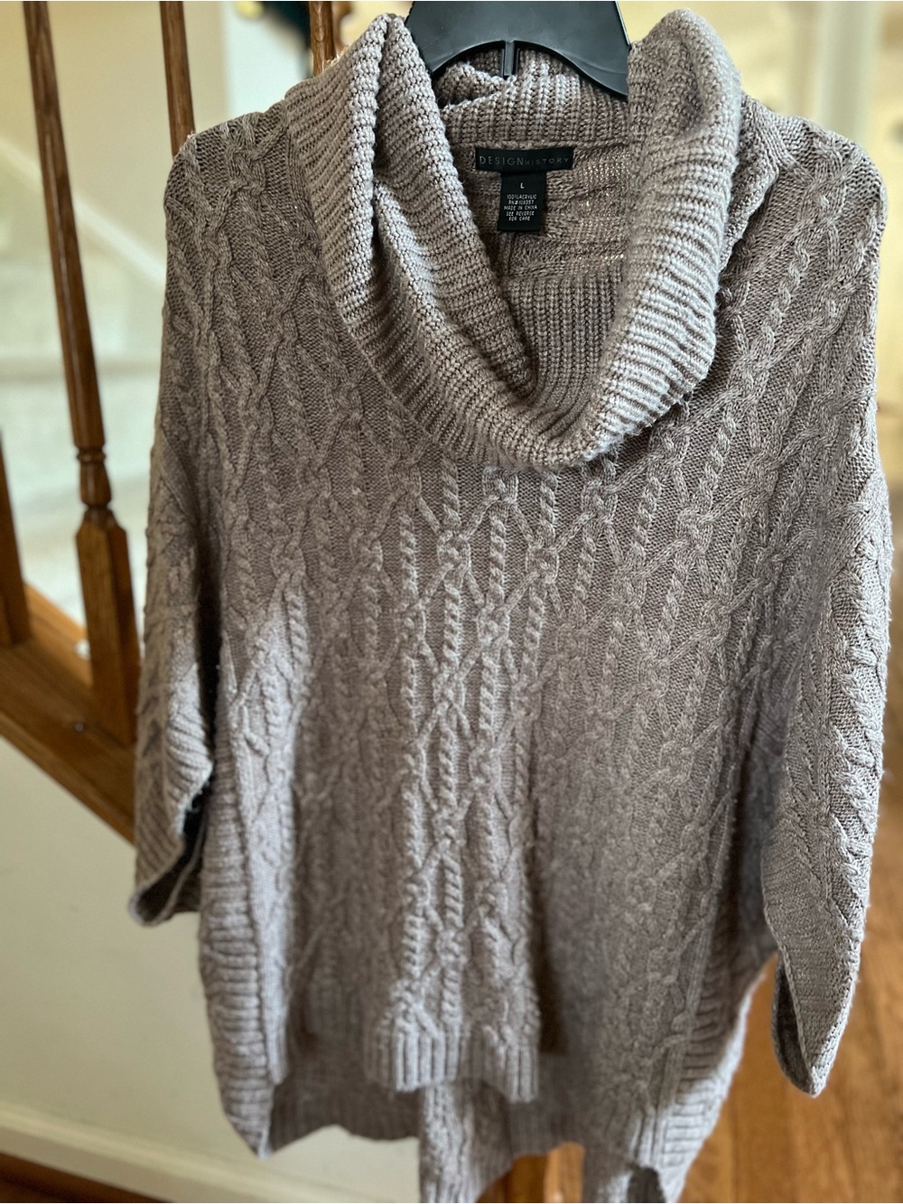Design History Taupe Cable Knit Cowl Neck Sweater Poncho